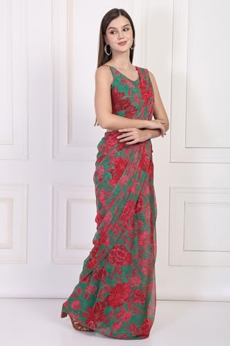 W for Woman Green Floral Printed Pre-Draped Georgette Saree with Blouse - (WS13897-127595-XL)