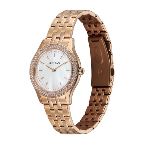 Titan Glamour Quartz Analog White Mother of Pearl Dial Rose Gold Stainless Steel Strap Watch for Women
