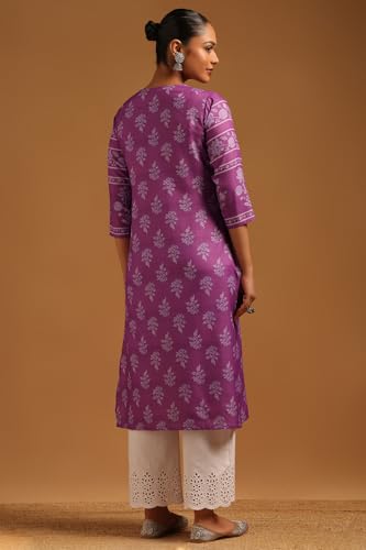 Soch Womens Purple Poly Linen Botanical Kurta with Bead Details