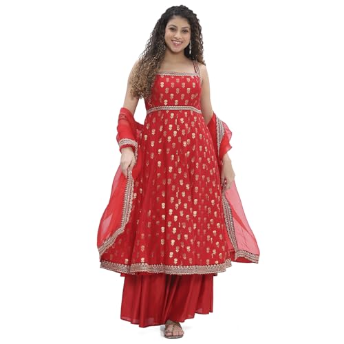 Biba Women Red Yarn-Dyed Strappy Anarkali Suit Set_36