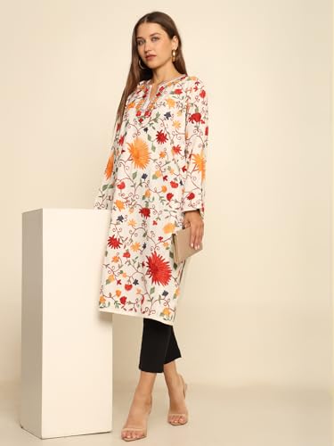 CRAFTBAZAR Kashmiri Full Embroidered Woolen Phiren (Cream)