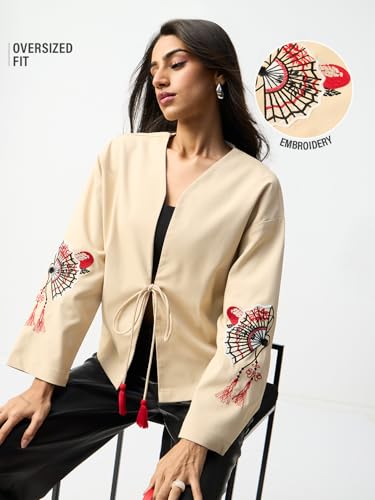 The Souled Store Tie-Up Shirt: Sandy Bloom Women and Girls Full Sleeves V Neck Beige Floral Embroidered Polyester Oversized Fit Lightweight All-Season Tie-Up Shirt