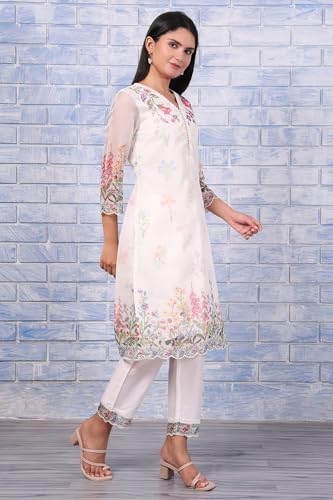 W for Woman White Floral Printed Beads Organza Straight Kurta, Straight Pant and Dupatta Set (Size: L)-WS12975-122012