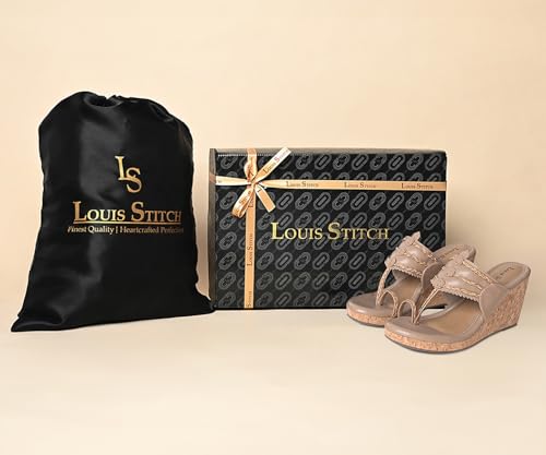 LOUIS STITCH Women's Fashion Wedge Heel Sandals | Toe Ring Style Beige Wedges for Ladies | LSOF-LDWH-TRETBG| (UK-4)