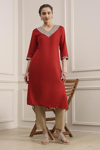 Biba Women Red Viscose Rayon Straight Solid Kurta_40