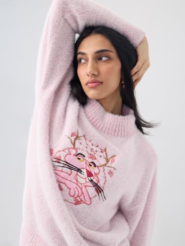 The Souled Store Pink Panther: Christmas Women and Girls Full Sleeves Mock Neck Light Pink Embroidered Animal Graphic Nylon Acrylic Blend Oversized Fit Casual Pullover Sweater