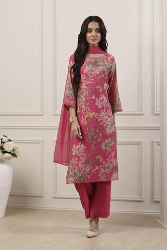 BIBA Women Pink Cotton Blend Straight Suit Set_32