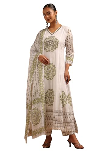 Soch Womens Off White Cotton Ethnic Motifs Suit Set With Beads