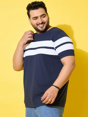 Bigbanana Men Plus Size Colorblock Navy Round Neck Tshirt (Bridge,Navy,5XL)