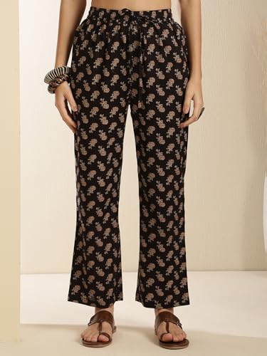 Kimayra Women's Cotton Calf Length Printed Key Hole Neck Tired Kurta Suit Set (KIM9026PC3BLACK_XL, Black)