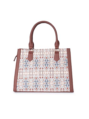 ZOUK Agra Floral Printed Jute Handcrafted Vegan Leather White Women's Satchel Bag | Ladies Purse Handbag | Double Handle Detachable Strap