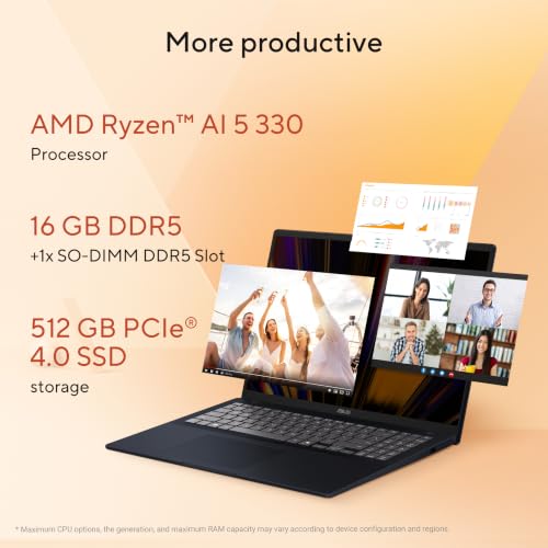 ASUS Vivobook 16 (2026),AMD Ryzen AI 5 330,AMD Radeon iGPU,16GB RAM,512GB SSD,FHD+,16"(40 cm), Windows 11 Home,M365 Basic(1 Year),Office 2024,Quiet Blue,1.88 Kg,M1607KA-MB268WS, Thin & Light Laptop