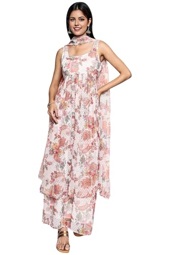 W for Woman Floral Printed Chiffon Flared Kurta with Palazzo and Dupatta Set - Off-White (WS13084-126491-L)