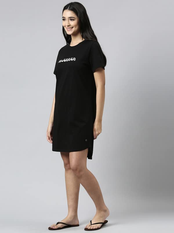 Enamor Essentials Short Sleeve Round Neck Relaxed Fit Cotton Mini Lounge Dress for Womens-E802 (E802_Jet Black/Blessed Graphic_XL)
