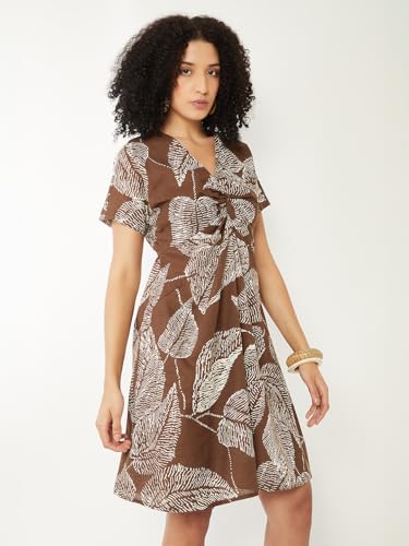 Max Women Printed Twist Detail Dress(Brown_XL)