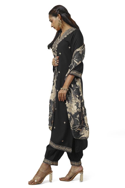 Soch Womens Black Rayon Embroidered Suit Set With Sequins