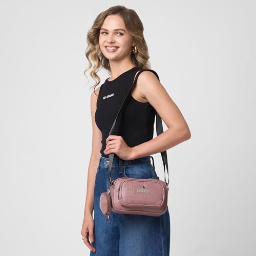 Caprese Jena Medium Sling Bag for Women with Adjustable Strap & Detachable Pouch for Comfortable Wear | Zipper Closure | Versatile Handbag for Everyday Use, Travel, and Special Occasions (Dark Pink)