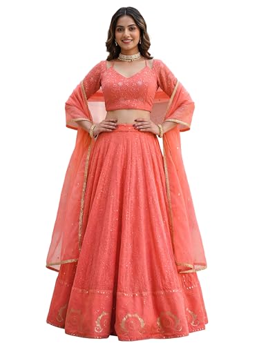 Zeel Clothing Women's Sequins Thread Embroidered Georgette Lehenga Choli With Dupatta (7083-Peach-Women-New-Lehenga-Choli; Free size) (Peach)