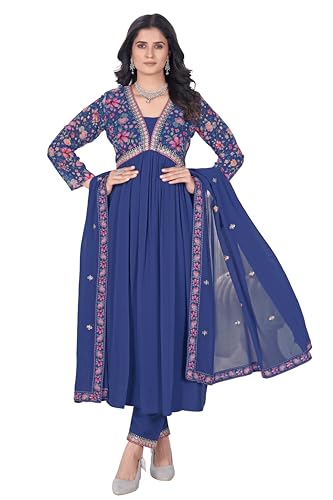 VARNI FABRICS Anarkali Kurta Sets for Woman Floral Print Georgette Kurta Set with Dupatta Salwar Suit for Woman Party Festive Set for Women Prefect for Wedding Ethnic Wear Rakhi Diwali | Blue| M