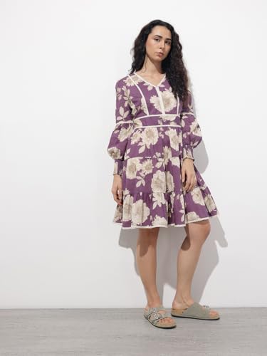 Divena Purple V-Neck Midi Cotton Dress-DK2313