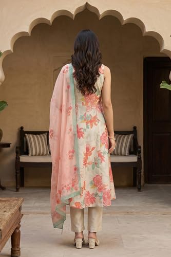 W for Woman Cream Floral Printed Tissue Crepe Sleeveless Anarkali Kurta with Straight Pants and Dupatta Set - (WS13666-126971-M)