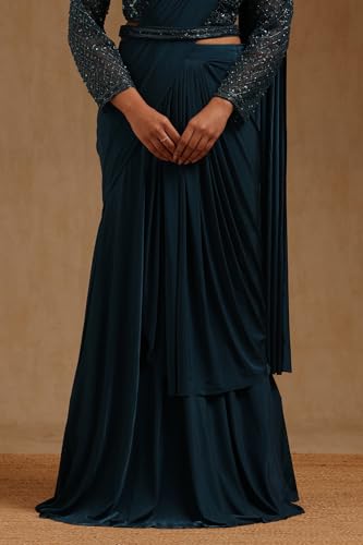 Soch Womens Blue Spandex Solid Ready To Wear Saree