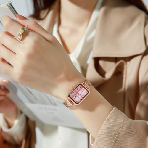 London Fog Victoria Collection Analog Quartz Watch for Women with Pink Textured Dial and Rose Gold Mesh Strap, Rectangular Metal Case and Mineral Glass - LFW20006-44