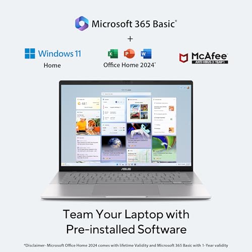 ASUS Vivobook S14, Intel Core Ultra 5 225H, Intel iGPU,16GB RAM,512GB SSD, FHD+,14",60Hz,Windows 11,M365 Basic (1Year)*,Office Home 2024,Cool Silver,1.4 Kg, S3407CA-LY060WS, Metallic Design Laptop