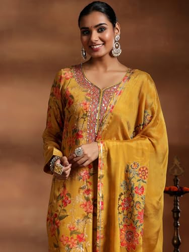 Libas Womens Printed Silk Blend Straight Kurta With Trousers and Dupatta