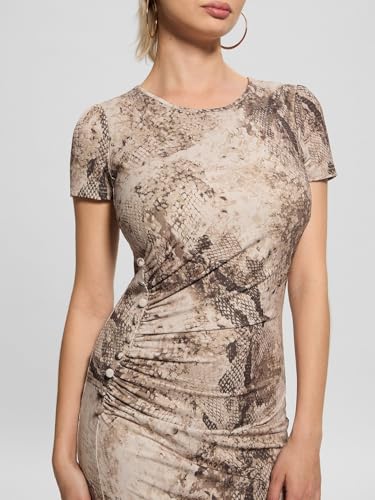 GUESS Women's Beige Printed Round Neck Short Sleeves Bodycon Dress