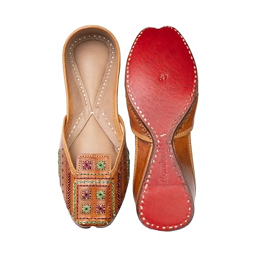 KORAKARI Women's Genuine Leather Traditional Ethnic Artsy Tan Handmade Punjabi Jutti, Leather Flat Comfortable Mojaris for Girls (Size: UK6, Tan)