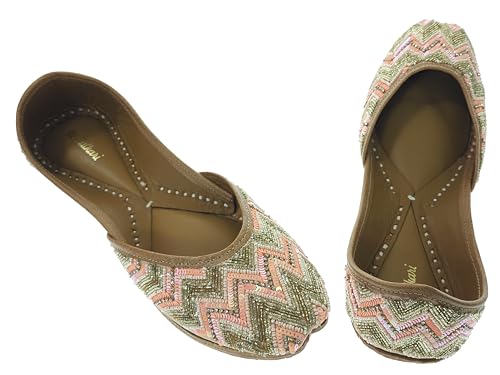 Fulkari Women's Zigzag Peach Gold Soft Leather Embroidered Jutis | Bite and Pinch Free Jutti | Punjabi Formal Juttis | Girl's Wedding Flat Mojari | Formal Ethnic Juti | 36