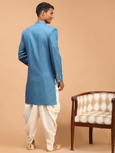 VASTRAMAY Men's Turquoise And Cream Silk Blend Sherwani Set | Classy And Elegant Sherwani With Dhoti in Imported fabric And Pearl work detailing.