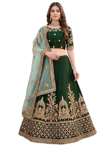Zeel Clothing Women's Zari, Dori, and Thread Embroidered Work Satin Silk Lehenga Choli With Dupatta (7211-Green-Women-Lehenga-Choli-Latest; Free size)