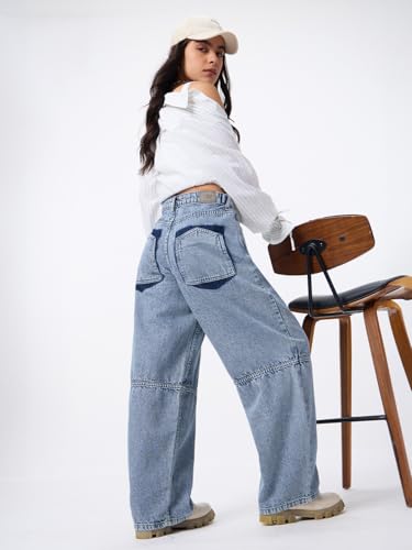 The Souled Store Barrel-Fit Denim: Trixie Women Girls Buttoned Waistband Light Blue Washed Cotton Denim Sustainable Everyday Streetwear Loose Fit Jeans