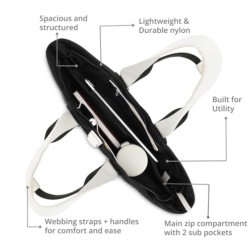 Fastrack Black & White Tote Bag for Women | Large Nylon Tote with Zipper Closure, Webbing Strap, Internal Utility Pockets & Double Handle | Lightweight Everyday Shoulder Bag for Work, Travel & Errands