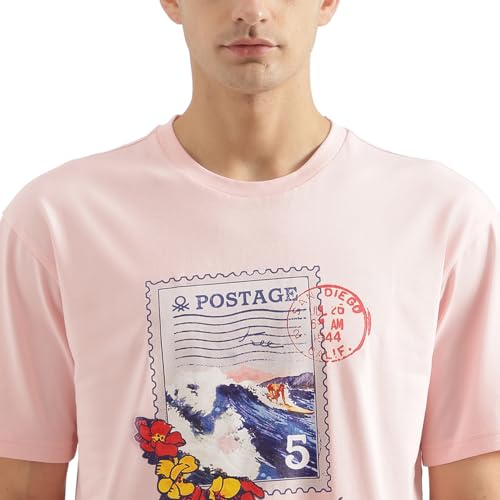 UNITED COLORS OF BENETTON Boxy Fit Round Neck Printed T-Shirt (Size: XL)-25P3099J3420I902 Pink