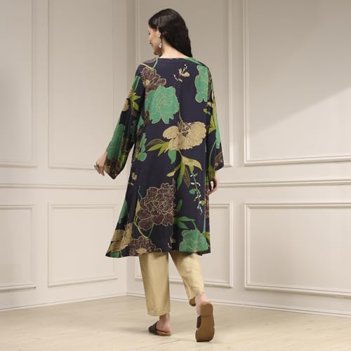 Biba Women's Rayon Printed Regular Kurta (EXPN30403AW25CHAR_Charcoal