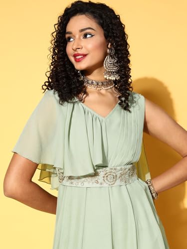 Shae by Sassafras Women's Green Drape Dupatta Anarkali Maxi Dress -S