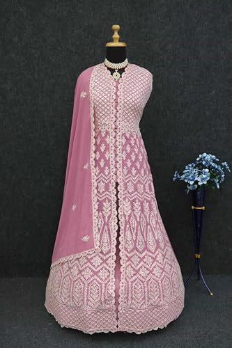 RUDRAPRAYAG Georgette Embroidery Flared Floor Length Anarkali Ethnic Gowns for Women (Semi Stitched) Lavender, Free Size