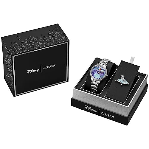 Citizen Women's Eco-Drive Disney Princess Cinderella Crystal Watch and Pin Gift Set in Silver Stainless Steel Watch, Blue Dial (Model: FE7041-51W), Silver, 5 1/2 inches, Modern