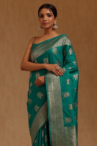 Soch Womens Teal Tussar Floral Zari Woven Saree