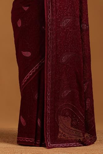 Soch Womens Wine Georgette Paisley Print Saree With Stone Work