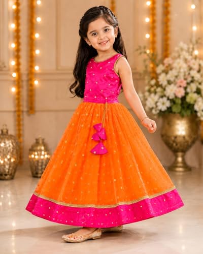 Baby Girls Designer Lehenga Choli Set Orange Rani Pink Readymade Pattu Pavadai Style Traditional Ethnic Dress for Baby Girls Kids Festive Wedding 3-6 Months