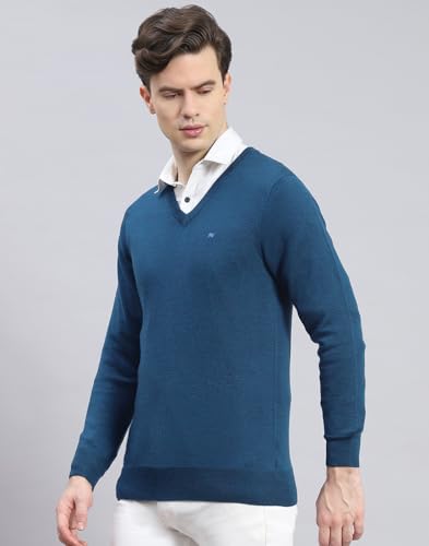 Monte Carlo Mens Teal Solid V Neck Full Sleeve Wool Casual Sweater (1230507VN-2378-46)