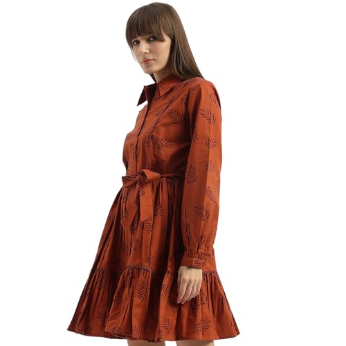 UNITED COLORS OF BENETTON Shirt Collar Leaf Tiered Dress (Size: S)-25P4WVDRS164I902 Brown