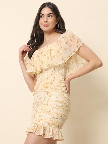 Trend Arrest.ed Women's Floral Ruched Mini Dress | Off-Shoulder Ruffle Neckline | Fully Lined Short Dress | Casual Summer Brunch & Vacation Wear (D5271_Cream_M)