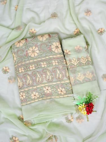 Ada Hand Embroidered Lucknowi Chikankari Unstitched Georgette Dress Material Suit Piece with Dupatta for Women 01A896014 Pista Green