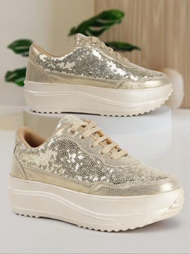 Vendoz Women Casual High Heel Sneakers I Cushioned Insole I All Day Comfortable I Lightweight and Stylish Shoes for Girls CNV4026GL-36 Gold