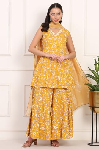 W for Woman Floral Printed Embroidered Neck Flared Kurta, Sharara and Dupatta Set (Size: S)-WS12733-125817